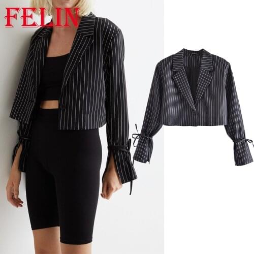 Za 2021 Women Office Lady Striped Blazer Long Sleeve V Neck Bow Tie Short Jackets Streetwear Autumn Women Outwears
