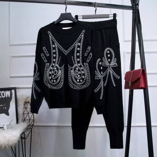Women knit Sweater Set 2020 Casual Pearls Beading Knitted Pullover Sweater+Casual Small Feet Pants 2 Piece Set Female