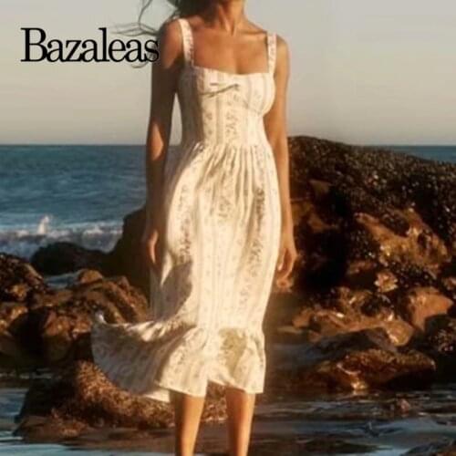 Bazaleas Sexy Green Stripe Floral Patchwork Print Ruffles Vestidos Retro Tank Midi Dress Vintage Center Bow Summer Dress