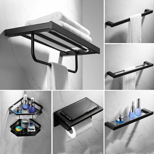 Bathroom Hardware Accessory Series 304 Stainless Steel Black Towel Rack Paper/Toilet Brush Holder Corner Glass Shelf Soap Dish