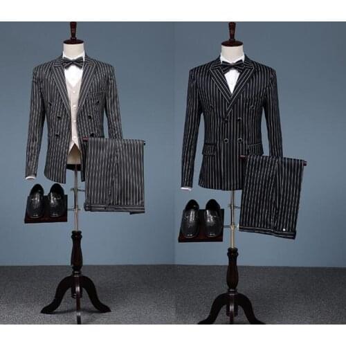 England retro chorus double breasted wedding suits for men stripe blazer boys prom suits slim masculino latest coat pant designs