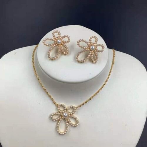 Brand Pure 925 Sterling Silver Jewelry For Women Pearl Flower Earring Neckalce Pendant Set Luck Wedding Party Necklace