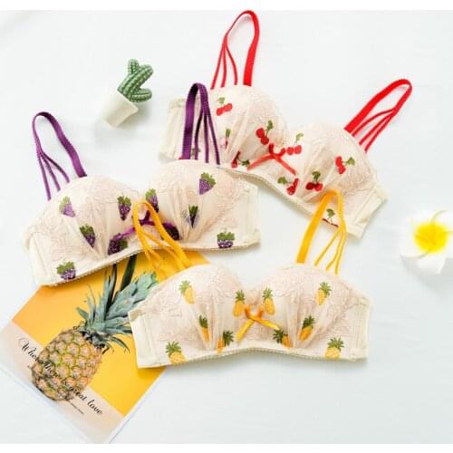Wasteheart Sexy Women Fashion Lace Padded Embroidery Bow Bras Wireless Bras Bralette Cup A B Underwear Female Bras Strawberry