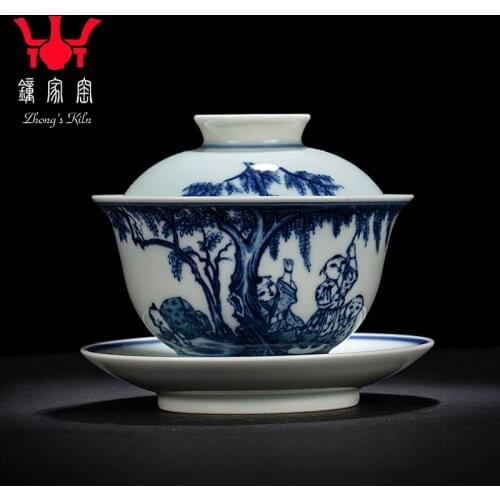 Clock home kiln jingdezhen blue and white lad all hand hand tea maintain large tureen household kunfu tea cups