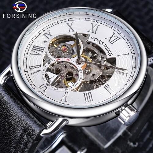 Forsining White Silver Skeleton Clock Male Fashion Mens Mechanical Watches Top Brand Luxury Black Genuine Leather Waterproof