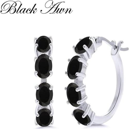 Black Awn New Classic 925 Sterling Silver Round Black Trendy Spinel Engagement Hoop Earrings for Women Fine Jewelry I193