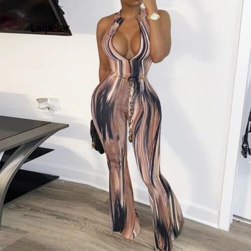 Elegant Ladies One-piece Jumpsuit Fashion Halter Print Slim Fit Flare Tight-fitting Birthday Club Fashion Workwear Ladies Jumpsu