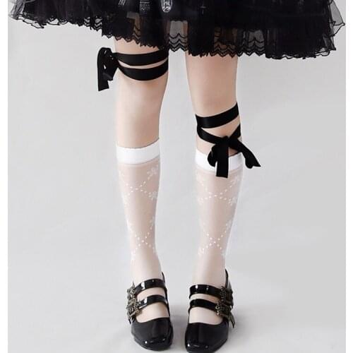 Young Girl Student Lolita Calf socks Glass Stockings Lolita Women Slim White Japanese Flower Embroidery Tight Leg Socks Cosplay