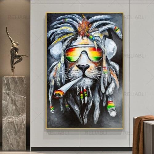 Colorful Smoking Lion Animal Canvas Poster Abstract Oil Print Wall Art Nordic Style Decorative Picture Modern Home Room Decor