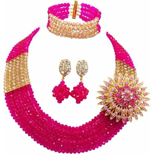 Fashion Fuchsia Pink Gold Multi Strands Beads Necklace Sets Nigerian Wedding African Beads Jewelry Set Crystal 6-SS10