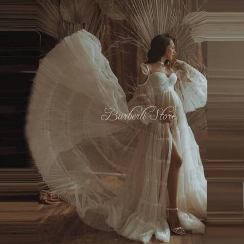 2021 New Fashion Pleats Tulle Long Robe Maternity Dress With Flare Sleeves Sexy See Thru Soft Mesh Pregnancy Gowns Lace Up Back