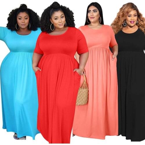 Plus Size Women Maxi Dress 2021 Hot Sale O Neck Short Sleeves Simple Long T Shirt Dresses Floor Length XL--5XL HB337