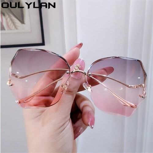 Oulylan Women 's Gradient Sunglasses 2021 Cutting Rimless Sun Glasses Lady Vintage Metal Oversized Eyeglasses Gray Pink Shades