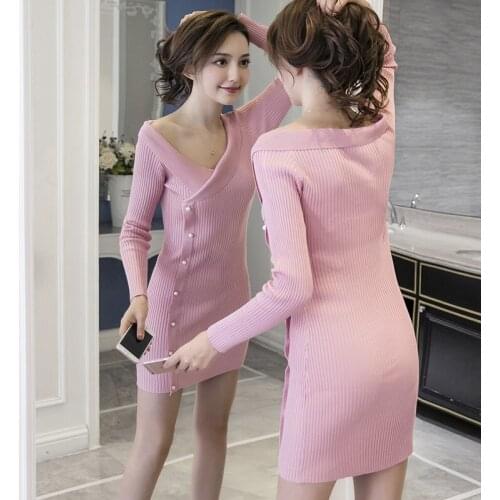 Pearls Button Knitted Dress Bodycon Mini Vestido Korean Autumn Sexy Party Elegant Feminina Ropa Mujer 2021 Robes