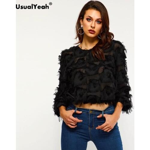 USUALYEAH Black Tassel Blouse Fashion Women O Neck Fringe Patch Sexy Spring Autumn Womens Tops and Blouses Elegant Crop Tops