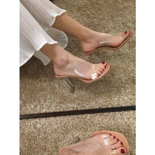 Womens shoes slippers outdoor wear 2019 new summer transparent fashion thick with high heels