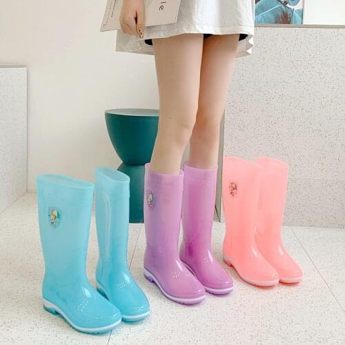 2021 summer Boots for Women Waterproof outdoor work shoes high-tube Cute transparent candy color Fashion Female PVC Rainboots