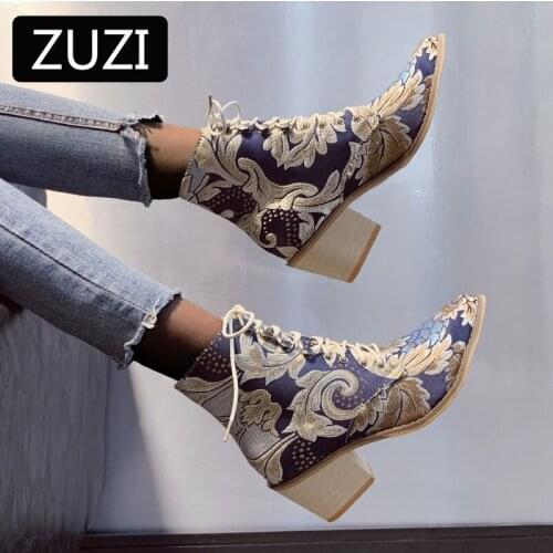 ZUZI Womens European Beauty Boots Winter New Retro National Wind Pointed Thick with Lace Embroidery Boots Womens Large Size 43