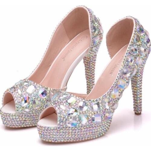 Womens Fashion Summer Sexy Exquisite Pumps Rhinestone Peep Toe Thin Heels 11CM High Heels Womens Wedding Shoes