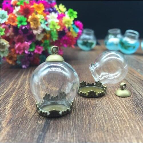 5sets bronze color 20*15mm glass globe crown tray cap set wishing vial pendant hollow glass bottle dome cover necklace pendant