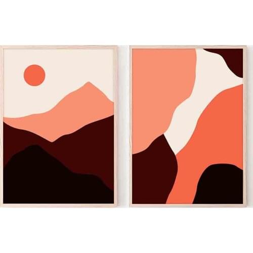 Abstract Sunrise Boho Landscape Painting Terracotta Wall Art Canvas Print Mountain Modern Minimalist Poster Living Room Decor