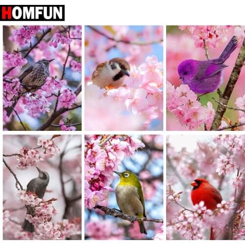 HOMFUN 5d Diamond Painting Full Square/Round "Peach blossom bird flower" Picture Of Rhinestone DIY Diamond Embroidery Home Decor