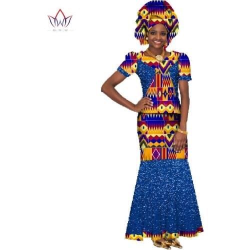 Bintarealwax New 2-Pieces Skirt Suit African Print Puff Sleeve Top+Ankle-Length Skirt Women Cotton Suit with Free Headwrap WY147