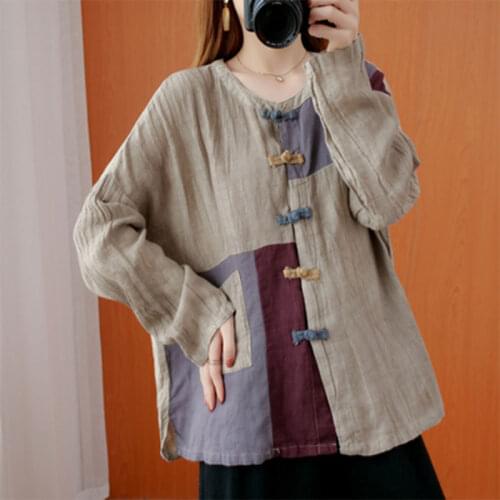 Cotton Linen Blouses Femme Tops Spring Autumn New Arts Style Women Long Sleeve Loose Shirts Vintage Button Patchwork