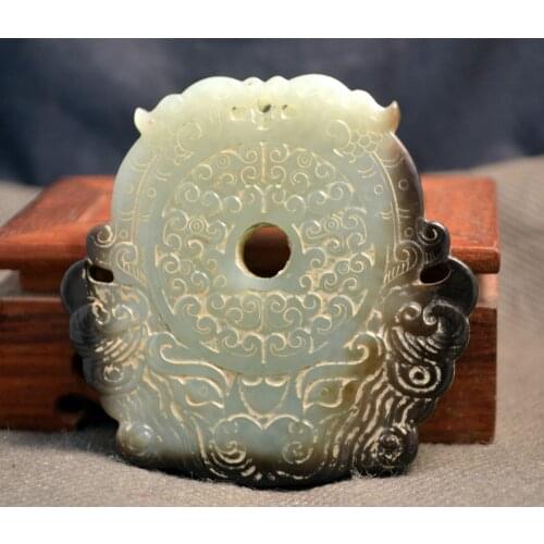 Big Treasure Chinese Vintage Hetian Jade 2 Roaring Dragon Ox Head Bi PEI Delicate Carving LLZ Timestown 20201128A