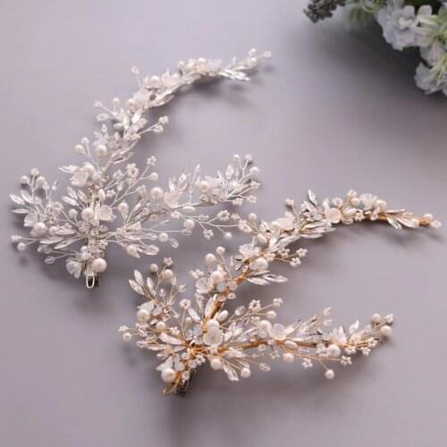 Gold Silver Color Crystal Bridal Hair Clip Crown Pearls Jewelry Handmade Floral Wedding Headpiece Women Party Hairpiece