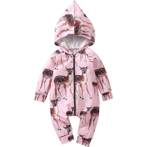 2021 0-24M Cute Infant Baby Girl Jumpsuit Fawn Print Zipper Hooded Long Sleeve Romper Spring Fall Outfit