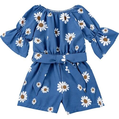 Infant Kids Girls Romper Shorts, Flower Printed Ruffled Sleeve Round Neck Jumpsuit Lace Up Waist One Piece Garment 2-7T