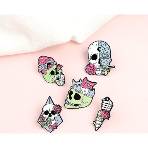XEDZ Demon Skeleton Enamel Metal Brooch Rose Moon Mushroom Finger Bone Colored Cat Dagger Butterfly Gothic Jewelry Evil Pin Gift
