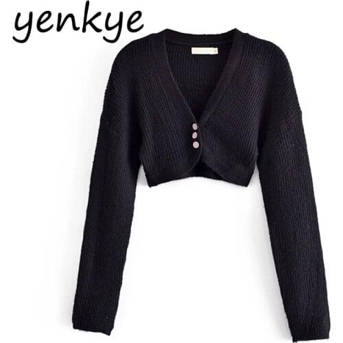 YENKYE Women High Quality Knit Cardigan Vintage Solid V Neck Long Sleeve Cropped Outerwear Fashion Summer Clothes Tops