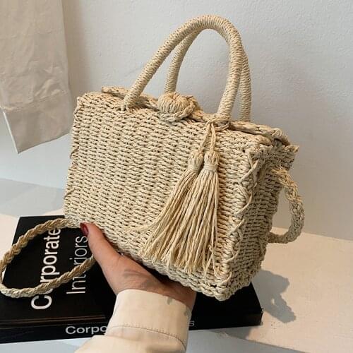 Box Shape Small Beach Straw Rattan Crossbody Shoulder Bags with Short Handle 2021 Luxury Ladies Top Handle Handbags and Purses