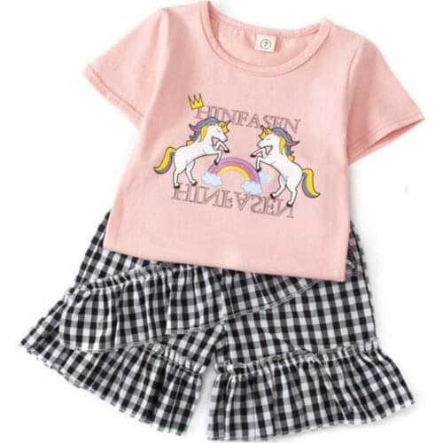 Cute Unicorn Baby Girls Clothes Suit 2PCS Cartoon Kids White Pink T shirt And Grid Flared Shorts Outfits For Girl Clothing Set