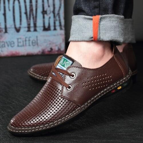 WOTTE Men casual shoes Leather Summer 2020 Breathable Soft Driving Mens Handmade chaussure homme Net Loafers chaussure homme