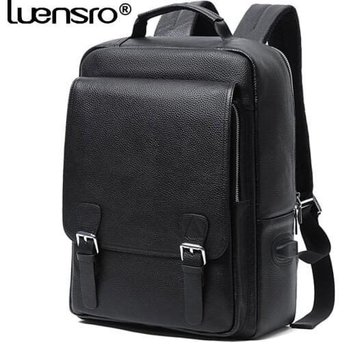 Genuine Leather 15.6 inch Laptop Backpack Men Mochila Travel Backpack Bag Male Boys Schoolbag Waterproof Men USB Charge Backpack