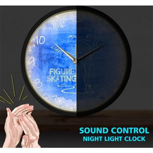 Figure Skating Printed Night Light Wall Clock Lady Skater Sport Timepiece Sound Activated Watch Black Aluminum Frame Decor