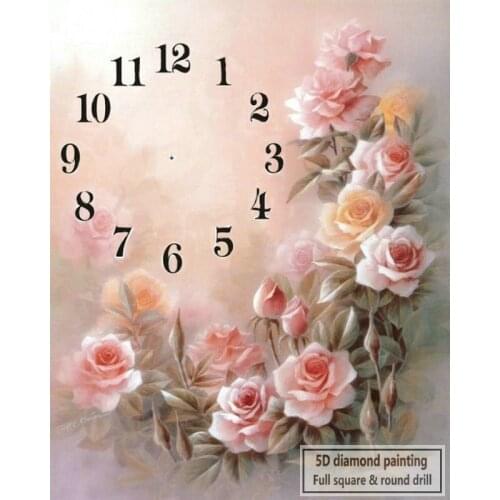 Pink rose wall clock 5d diamond painting cross stitch 50x60cm for home decoration 3d rhinestone diamond mosaic embroidery