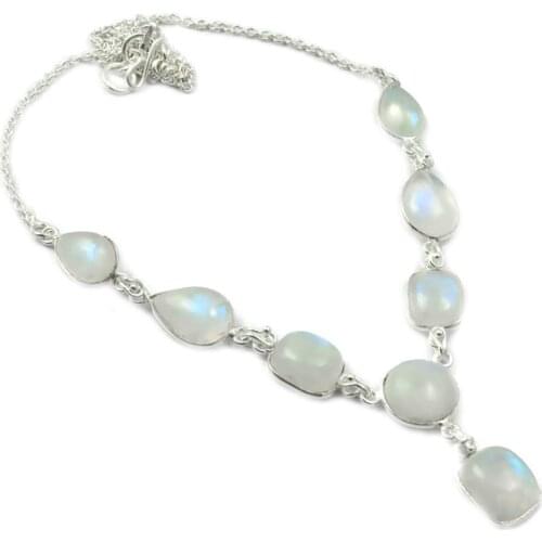 NiaoZaiFei YunZaiKan Blue Fire Moonstone Necklace 925 Sterling Silver, 47.5 cm, MHBNE0066