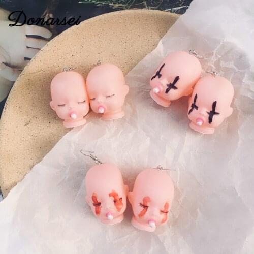 Donarsei Cute Little Doll Head Drop Earrings For Women Funny 3D Cartoon Figure Dangle Earrings Night Club Jewelry
