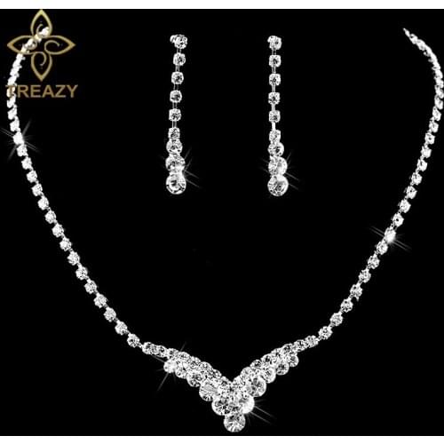 TREAZY Fashion V Shape Rhinestone Crystal Wedding Bridal Jewelry Set Silver Color Necklace Earrings Set For Women Accessories