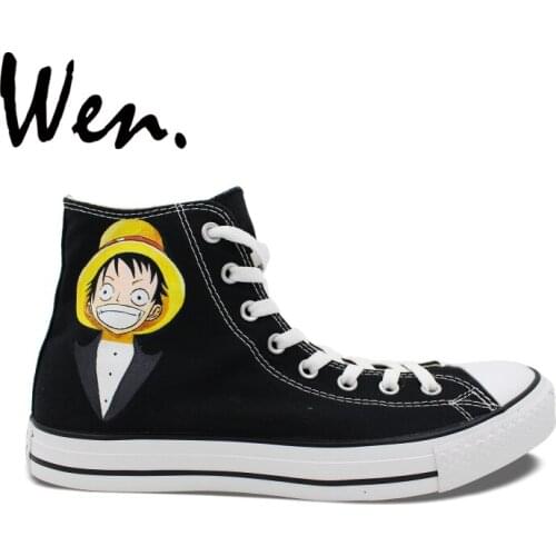 Wen Hand Painted Shoes Custom Design Anime One Piece Luffy Jolly Roger High Top Portable Sneakers Women Men Black Canvas Shoes