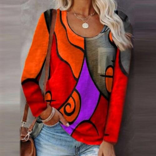 Big Size Loose Casual O-Neck Geometric Lady Fashion Women Long Sleeve Printed O-Neck Tops Tee Shirt Blouse camisas de mujer
