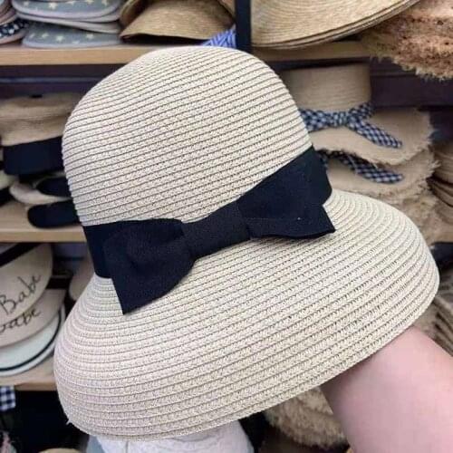 2019 NEW Paper Straw Ribbon Bow Floppy Summer Hat Women Cloche Bucket Beach Hat Ladies UV Sun Cap Ventilated Travel Derby Hat
