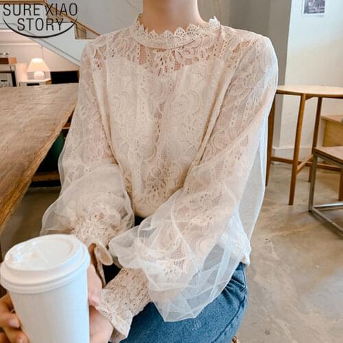 Women Shirts Autumn Vintage Mesh Clothes Lantern Long Sleeve Lace Blouses Stand Collar 2021 Sweet Korean Loose Tops Blusas 10456