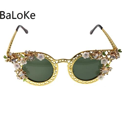 Cat Eye Sunglasses Women Brand Design Crystals Vintage Flower Decoration Full Frame Sun Glasses Oculos De Sol Feminino