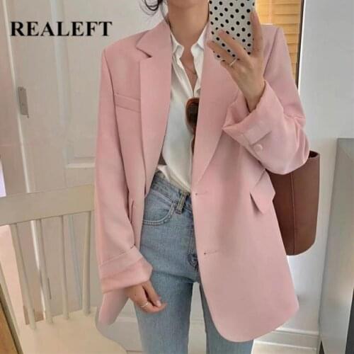 REALEFT New 2021 Double Breasted Pink Womens Blazers Pockets Female Formal Jackets Elegant Loose Outerwear Tops Autumn Winter