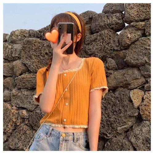 Women Simply O Neck Short Sleeve Orange Color Vintage Knitted Sweater Female Chic Diamond Buttons Cardigans Coat Tops Korea